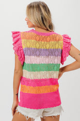 BiBi Women's Pointelle Stripe Ruffled Knit Top - Elegant & Breathable